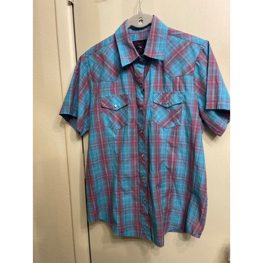 Cowgirl Legend Western Shirt Turquoise Pink Plaid Snap Short Sleeve Large